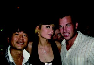 Samantha Thavasa president Kazumasa Terada, Paris, and her current squeeze, former baseball player/actor Doug Reinhart.