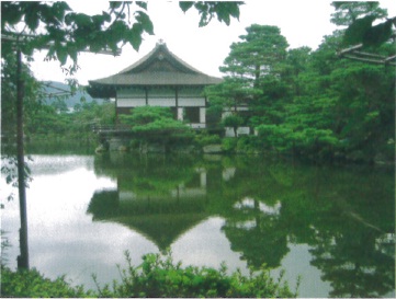 Tranquil pond in Heian Shrine's garden