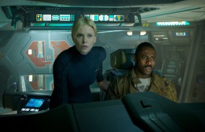 Charlize Theron and Idris Elba on the bridge of the ship Prometheus