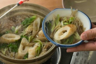 An Akita specialty: kiritanpo nabe, served with mountain vegetables