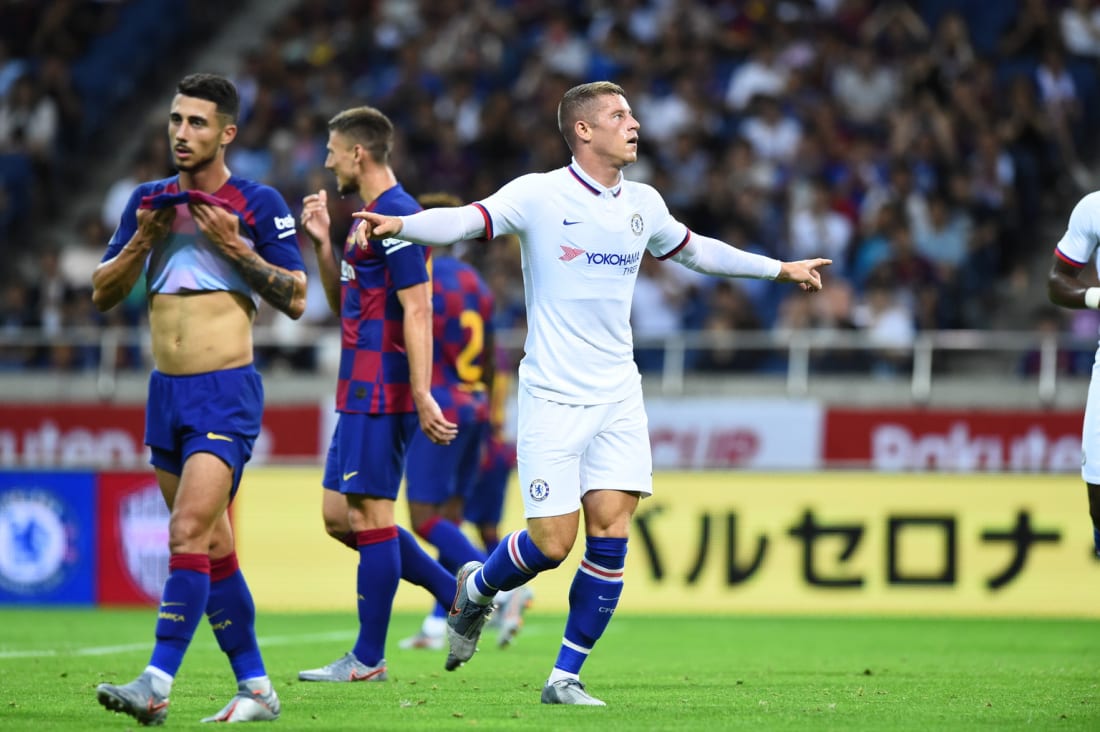 Chelsea football players celebrate Rakuten Cup victory