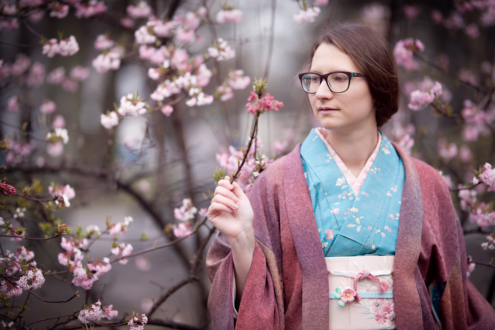 Foreign woman wears kimono in Tokyo cherry blossoms