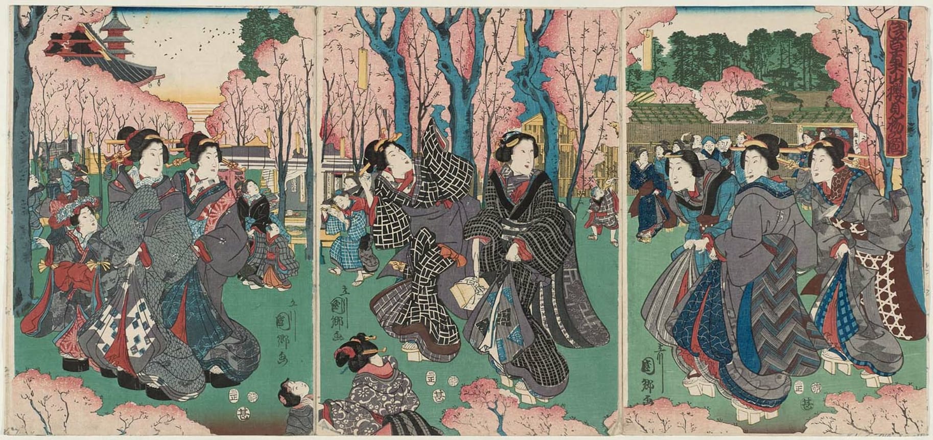 Utagawa Kunisato Title-Viewing Cherry Blossoms in the Inner Precincts of the Temple at Asakusa